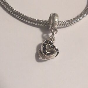 Silver Plated Black Gemstones Double Heart‎ Dangle Charm